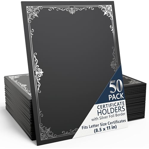 50 Pack Double Sided Certificate Holders 8.5x11 Black - Heavyweight 300gsm Cardstock Diploma Holder - Dual Certificate Folder Letter Size Graduation Award Certificate with Silver Foil Diploma Cover - color: Black-Silver, size: 50 Pack