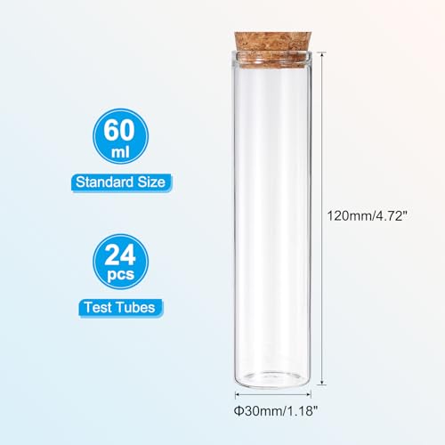 PATIKIL 60ml Test Tubes, 24pcs 4.72x1.18 Glass Clear Flat Bottom Test Tube Containers with Cork Stopper for Bead Party Candy Bath Salt Storage Scientific Experiment Plant Propagation - size: 60ml