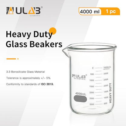 ULAB Heavy Duty Glass Beakers, Vol.4000ml (135oz), Borosilicate 3.3 Glass, Thick Wall Beakers, with Double Scale, Superior Durability & Chemical Resistance, UBG1067 - style: 1pc of Vol.4000ml