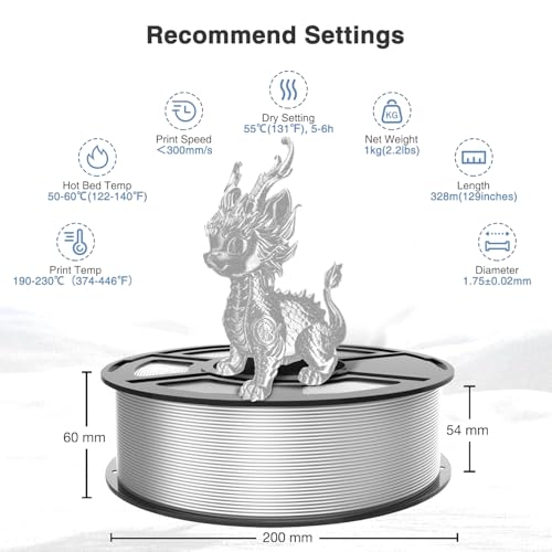 Silk PLA Filament 1.75mm,3D Printer Filament with a Metallic Glossy Finish, Dimensional Accuracy +/- 0.02 mm, 1kg Spool(2.2lbs) Fits for Most FDM 3D (A-Silk Silver Pla) - color: A-silk Silver Pla