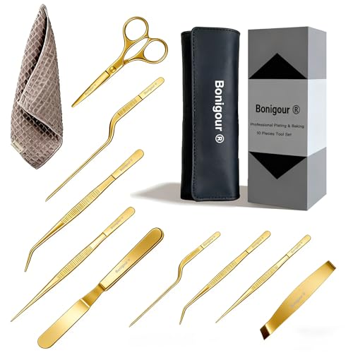 | Pastry Chef's Plating Tools Culinary Set | 10 Piece Professional Pastry Chef Plating Utensils | Spatula, Tweezers, Chef Scissors for Biscuit Decoration, Platig | Stainless Steel (Gold) - color: Gold