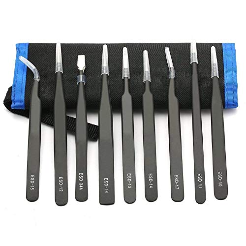 Tweezers Precision Set,Easily Life 10pcs ESD Tweezers Set, Anti Static Stainless Steel Anti Magnetic Tweezers Set with Storage Bag for Craft,Electronics Repair,jewelry repair,Laboratory Work,etc