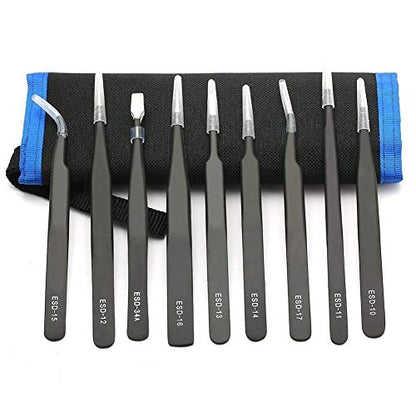 Tweezers Precision Set,Easily Life 10pcs ESD Tweezers Set, Anti Static Stainless Steel Anti Magnetic Tweezers Set with Storage Bag for Craft,Electronics Repair,jewelry repair,Laboratory Work,etc