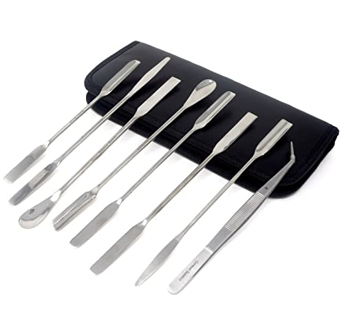 8 PCS Micro Lab Spatula Sampler Set, Stainless Steel Double Ended MutliPurpose Mixing/Filling Spatulas + Tweezer, Square, Scoop, Round & Tapered Arrow End, 7"+6" Length