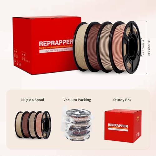 Reprapper Wood PLA Filament Variety Pack - 1.75mm 4 Spool Bundle: Natural, Mahogany, Dark Mahogany & Walnut Real Wood Fiber, Dual Color 3D Printing Material 250g x 4pack - color: Wood Color Pla
