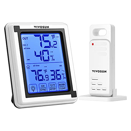 VIVOSUN Indoor Outdoor Thermometer Wireless Digital Hygrometer Temperature and Humidity Monitor with Touchscreen LCD Backlight, 200ft/60m Range, Battery Included - size: 1 Remote Sensors, style: 1 Console & 1 Sensor