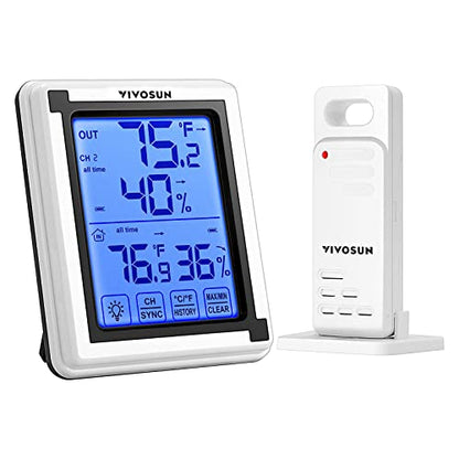 VIVOSUN Indoor Outdoor Thermometer Wireless Digital Hygrometer Temperature and Humidity Monitor with Touchscreen LCD Backlight, 200ft/60m Range, Battery Included - size: 1 Remote Sensors, style: 1 Console & 1 Sensor