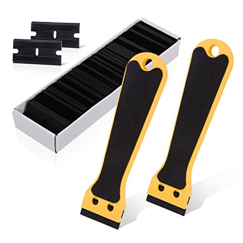 EHDIS 2pcs Plastic Razor Scraper 6-inch Long Handle Adhesive Remover Tool with 100 Double-Edge Blades for Window Tint Vinyl Scraper Decal Sticker Glue Remover (yellow) - color: Yellow