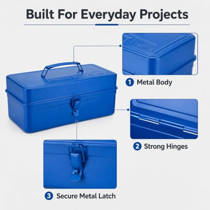 14.2 Inch Portable Metal Tool Box with Removable Tray, Blue - color: Blue