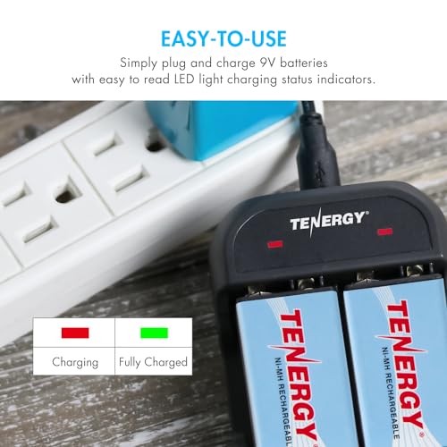 Tenergy 9V Battery Rechargeable 250mAh 4 Pack NiMH Square Battery with 2 Bay 9V Battery Charger for Smoke Alarm/Detector - size: Charger + 4 Pack 9Vs