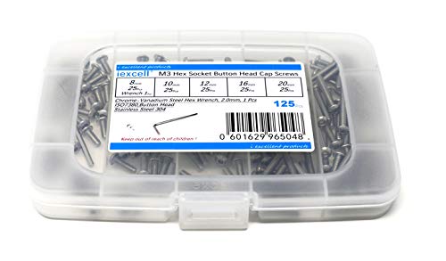 iexcell 125 Pcs M3 x 8/10/12/16/20 Stainless Steel 304 Hex Socket Button Head Cap Screws Bolts Assortment Kit - size: M3 x 8/10/12/16/20mm