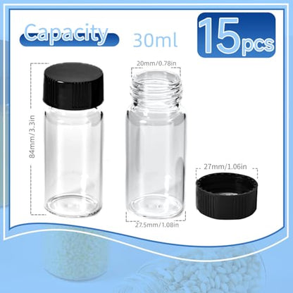 15 PCS 30ML Glass Vials, Small Liquid Sample Vial,27.5x84 mm, Borosilicate Glass Empty Vials with Caps, 24-400 Black Screw Caps with PE Liner - size: 30ML(27,5x84mm)