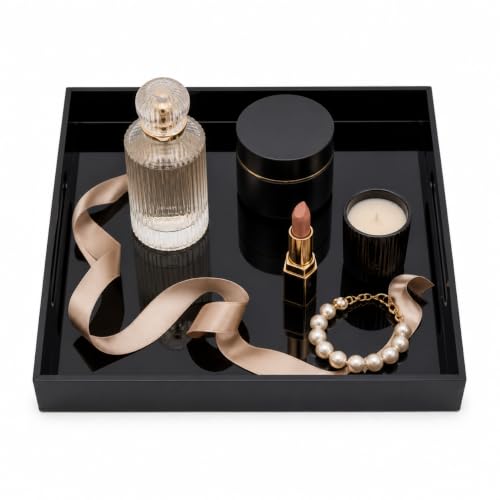 Black Tray 20x12” with Cut Handles - Large Plastic Tray for Ottoman Coffee Table, Kitchen, Office & Serving Guests - Modern Countertop Organizer & Ideal Decorative Tray - color: Black, size: 20" x 12" x 2"