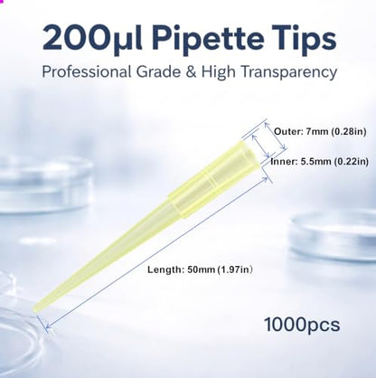 Pipette Tips 200uL, 1000 PCS Clear Yellow Universal Plastic Pipettor Tips