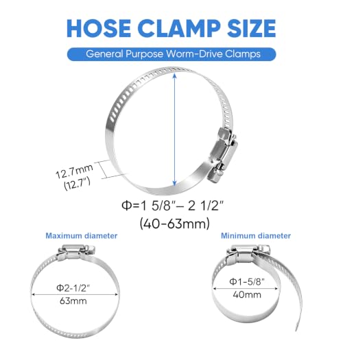 TICONN 12PCS Hose Clamps Set 304 Stainless Steel, 1-5/8"-2-1/2" Worm Gear - size: SAE #28 12PCS 1-5/8''~2-1/2"