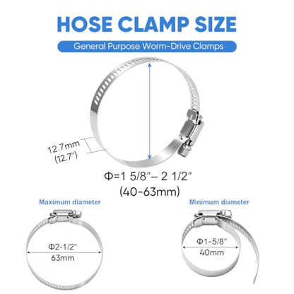 TICONN 12PCS Hose Clamps Set 304 Stainless Steel, 1-5/8"-2-1/2" Worm Gear - size: SAE #28 12PCS 1-5/8''~2-1/2"