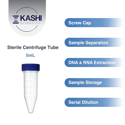 Kashi Scientific 5mL Screw Cap Conical Centrifuge Tubes, Sterile Test Tubes with Blue Lids, Lab-Grade Polypropylene Plastic, Printed Graduation and Write-on Spot [5mL Screw Cap, 100] - size: 5mL, Screw Cap