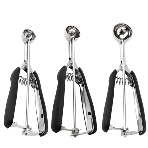 Small Cookie Scoop Set - 3 PCS Include 1 tsp / 2 tsp / 3 tsp Cookie Dough Scoop, Cookies Scoops for Baking, Made of 18/8 Stainless Steel, Good Soft Grips, Quick Trigger Release - size: 25 & 30 & 35 mm / Set of 3