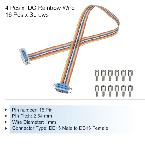 MECCANIXITY 4 Pcs IDC Rainbow Wire Flat Ribbon Cable DB15 Female to DB15 Female 19.7 Inch Length 2.54mm Pitch Breadboard Jumper Wires for Electronic Projects - size: 19.7 Inch, style: DB15 Female to DB15 Female