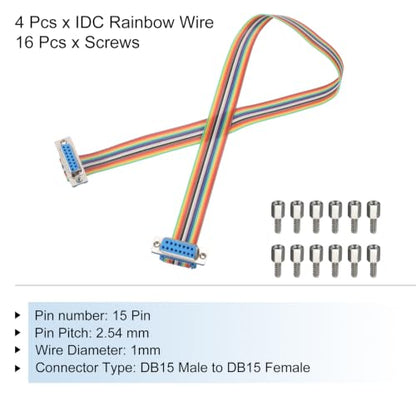 MECCANIXITY 4 Pcs IDC Rainbow Wire Flat Ribbon Cable DB15 Female to DB15 Female 19.7 Inch Length 2.54mm Pitch Breadboard Jumper Wires for Electronic Projects - size: 19.7 Inch, style: DB15 Female to DB15 Female