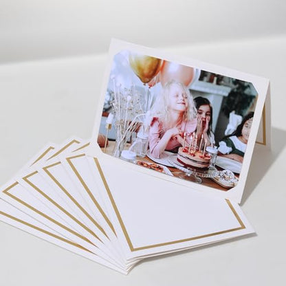 100 Count Photo Folders for 4x6 or 5x7 Pictures,Paper Picture Frames,Cardboard Greeting Photo Frame Cards for Graduation Wedding Birthday Classroom DIY (White with Gold Trim) - style: 100CT - White
