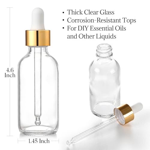 AOZITA Set of 4, 2 oz Golden Cap Clear Dropper Bottles (60ml) with 1 Funnel & 4 Labels - Glass Tincture Bottles for Essential Oils with Eye Droppers - Leak Proof Travel Bottles for Liquids - color: Clear with Eye Droppers