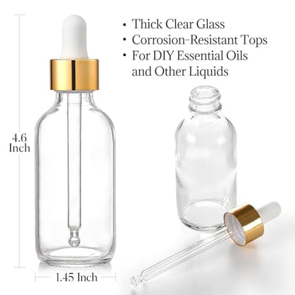 AOZITA Set of 4, 2 oz Golden Cap Clear Dropper Bottles (60ml) with 1 Funnel & 4 Labels - Glass Tincture Bottles for Essential Oils with Eye Droppers - Leak Proof Travel Bottles for Liquids - color: Clear with Eye Droppers