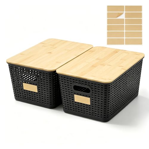 Bagnizer 2 Pack Tall Plastic Storage Bins with Bamboo Lids, 10.8qt Stackable Storages Baskets for Organizing Desktop Closet Playroom Classroom Office, 12"L x 8.3"W x 6.1"H, Black - color: Black, size: Tall- 2 Pack
