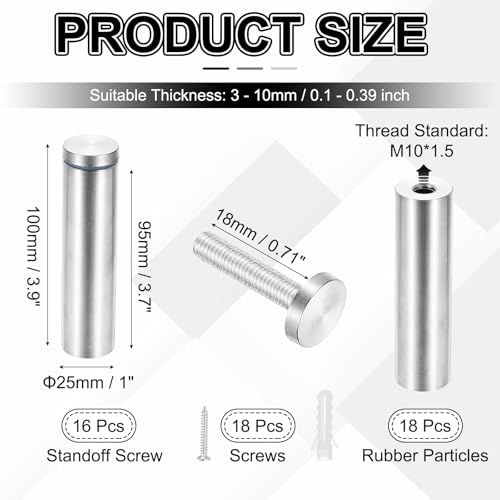 PATIKIL 1x3.9" Standoff Screws, 16 Pack Stainless Steel Stand Off Wall Mounts Wall Sign Mounting Hardware Advertising Standoff Nail for Hanging Acrylic Signs Picture Frame, Silver - size: 1x3.9"