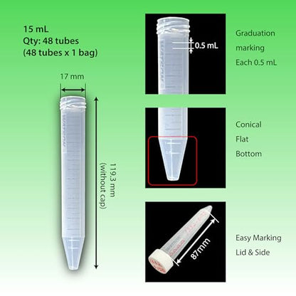 WATSON-BIO-LAB 1332-015S-min 15mL Conical Centrifuge Tube, 48 Pieces - size: 15 mL / Normal Conical Bottom / 48pc
