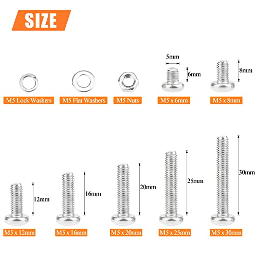 HELIFOUNER 210 Pieces M5 x 6mm /8mm /12mm /16mm /20mm /25mm /30mm, Phillips Pan Head Machine Screws, Metric Screws Bolts Washers Nuts Kit, 304 Stainless Steel - size: M5, style: Phillips Pan Head Machine Screws