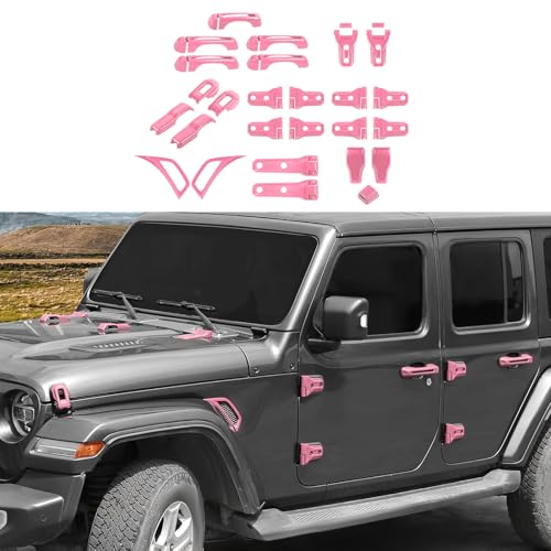 CheroCar 43PCS Full Set Exterior Trim Kit Fit for 2018-2026 Jeep Wrangler JL 4Door Pink Door Handle,Hood Hinge,Left Right Door Hinge,Tailgate Handle,Spare Tire Bracket,Fender Vent Cover Trim - color: Pink