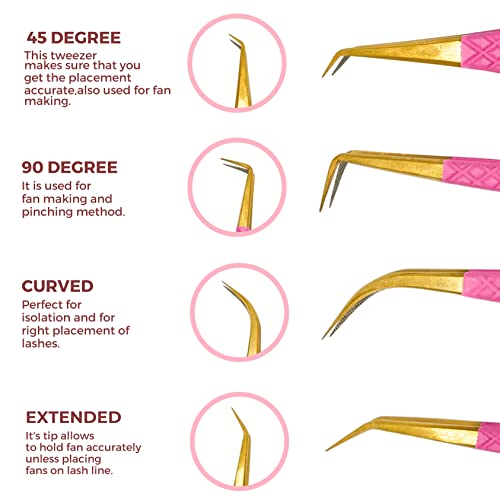 Fiber Tip Lash Tweezers Set of 4, Pink, Diamond Grip, Japanese Steel - color: Pink
