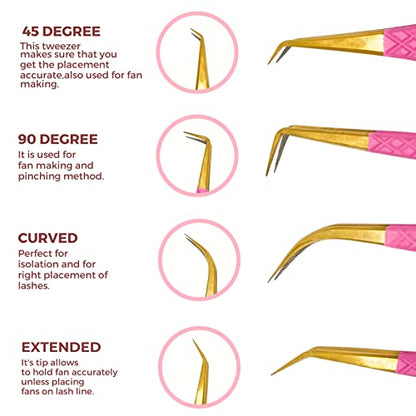 Fiber Tip Lash Tweezers Set of 4, Pink, Diamond Grip, Japanese Steel - color: Pink
