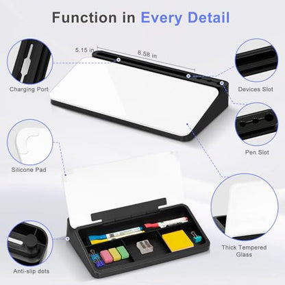 Small Desktop Glass Whiteboard with Storage, Desk Dry Erase White Board - color: Black-white
