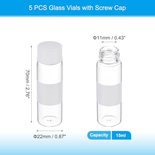 PATIKIL Small Glass Sample Bottles with Lids, 5 Pcs 15ml Clear Glass Vials with White Screw Caps Mini Leak Proof Reagent Sealed Bottles with Writing Label for Solid Liquid Powder Storage - color: White/Clear, size: 15ml