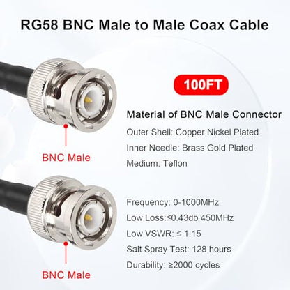 MOOKEERF 100FT RG58 50 ohm BNC Male to Male Coax Cable - Low Loss Extension Coaxial Cable with BNC Adapter Connector for Antennas, RF Radios, Modems, Oscilloscopes, Spectrum, etc (Red) - size: 100FT