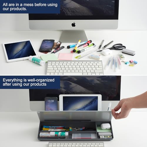 TSJ OFFICE Desktop Whiteboard Dry-Erase-Board - Computer Keyboard Stand White Board Surface Pad with Drawer, Desk Organizers with Accessories for Office, Home, School Supplies - Complete Grey - color: Grey Base/Glass