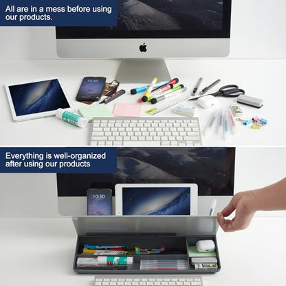 TSJ OFFICE Desktop Whiteboard Dry-Erase-Board - Computer Keyboard Stand White Board Surface Pad with Drawer, Desk Organizers with Accessories for Office, Home, School Supplies - Complete Grey - color: Grey Base/Glass