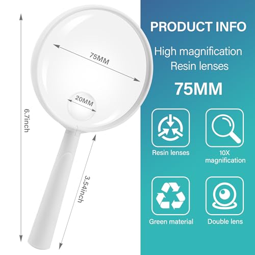 Feosky Handheld Reading Magnifier, 10X Magnifier, 75mm Shatterproof Lens, Adults Close Work Non-Slip Handle for Seniors Reading and Nature Exploration (White) - color: White, size: 75mm