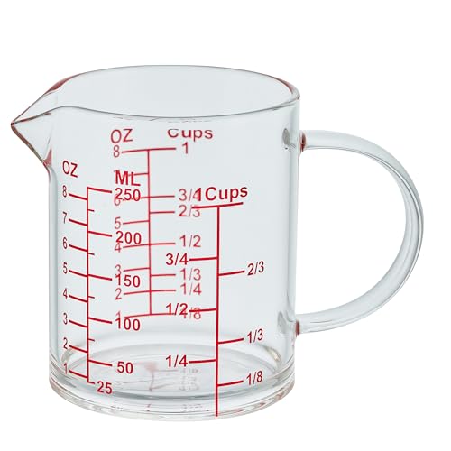 Ackers Mirror Graduated Glass Measuring Cup - [Insulated Handle | V-Shaped Spout] - High Borosilicate Glass Measuring Cup for Kitchen or Dining, Easy to Read, 250ml (8oz, 1 Cup) - size: 8OZ Mirror Graduated