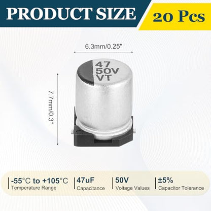 MECCANIXITY 47uF 50V Aluminum Electrolytic Capacitors, 6.3x7.7mm, 20pcs - size: 6.3x7.7mm, style: 47uF 50V
