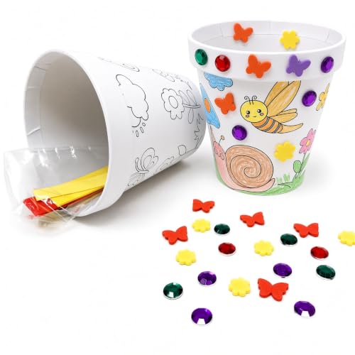 Funiverse Bulk 12 Pack DIY Cardstock Flower Pot Craft Kits for Kids - Spring Easter Classroom Projects, Party Favors with Foam Bugs, Butterflies & Acrylic Gems