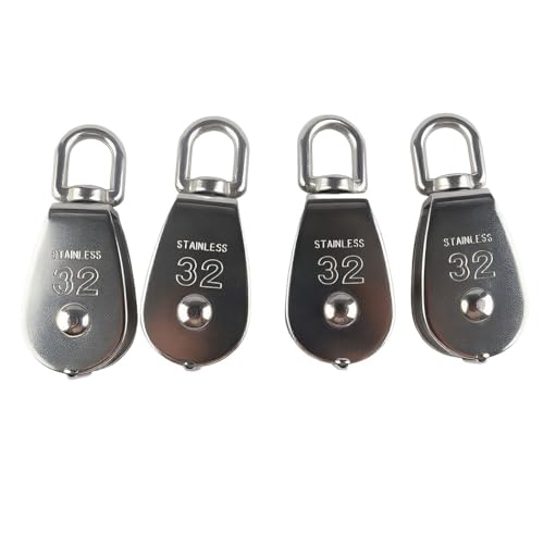 4Pcs M32 Stainless Steel Single Pulley Block Silver Wire Rope Hanging Towing Wheel Lifting Crane Swivel Pulley - size: M32-4PCS