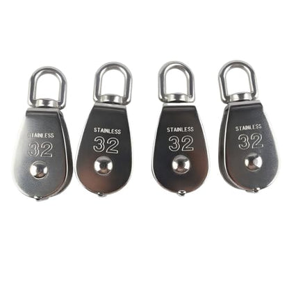 4Pcs M32 Stainless Steel Single Pulley Block Silver Wire Rope Hanging Towing Wheel Lifting Crane Swivel Pulley - size: M32-4PCS