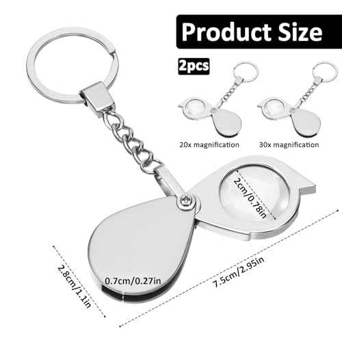 2 Pcs Small Pocket Magnifying Glass, 20X, 30X Pocket Magnifier Mini Magnifying Lens Folding Jewelers Loupe with Keychain Magnify Glass for Reading Newspaper Book Magazine Jewelry Hobbies