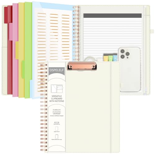 Ospelelf Leather Clipboard Folio with with Storage Zipper Pouch, Spiral Clipboard Folder with Notepad for Letter Size, 5 Folders with 10 Pockets, 39 Divider Label Stickers (Beige) - color: Beige