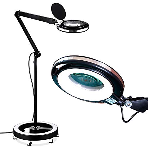 Brightech Lightview Pro Magnifying Glass with Stand & Light, Magnifying Floor Lamp with 6-Wheel Rolling Base for Facials & Lashes – Dimmable LED Work Light for Crafts, Sewing, and Projects - 5 Diopter - color: Black, size: 5 Diopter (2.25x)