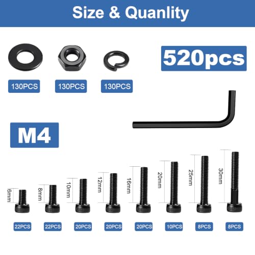 520Pcs M4 Screw Kit, Hex Socket Head Cap M4 Screws, M4 Bolts Nuts Washers - color: Black, size: Black M4--520 Pcs