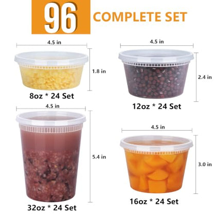 96 Pack (192-Piece) Deli Containers with Lids, 32/16/12/8 oz X 24 Set Each - size: 32/16/12/8 oz X 24 Set
